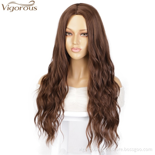 Vigorous Top Quality Fashion For Ladies Long Brown Wavy Wigs Middle Part Synthetic Fiber Wigs For Black Women Wholesales